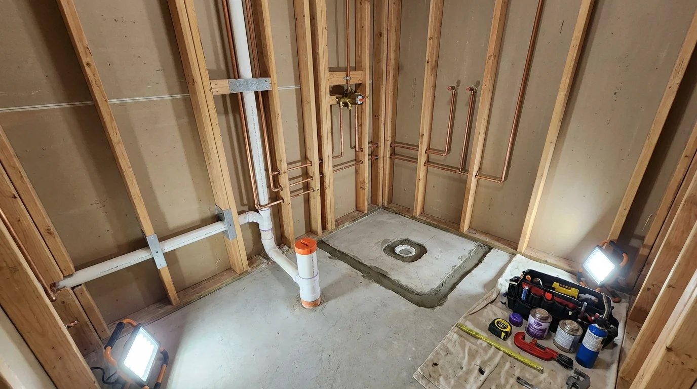 Bathroom rough-in plumbing during remodel by Johns Plumbing LLC in Glenshaw