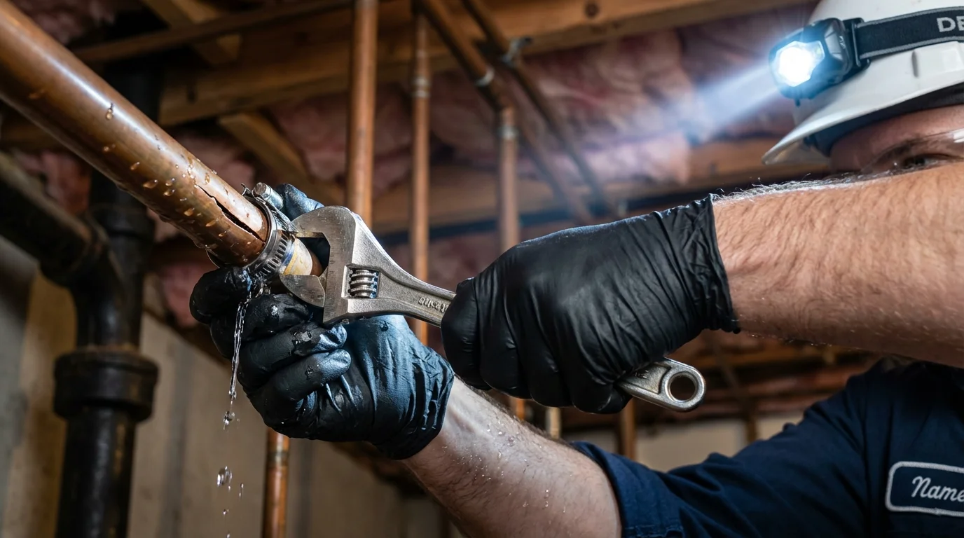 Emergency pipe clamp repair being performed by a Johns Plumbing LLC plumber in Glenshaw