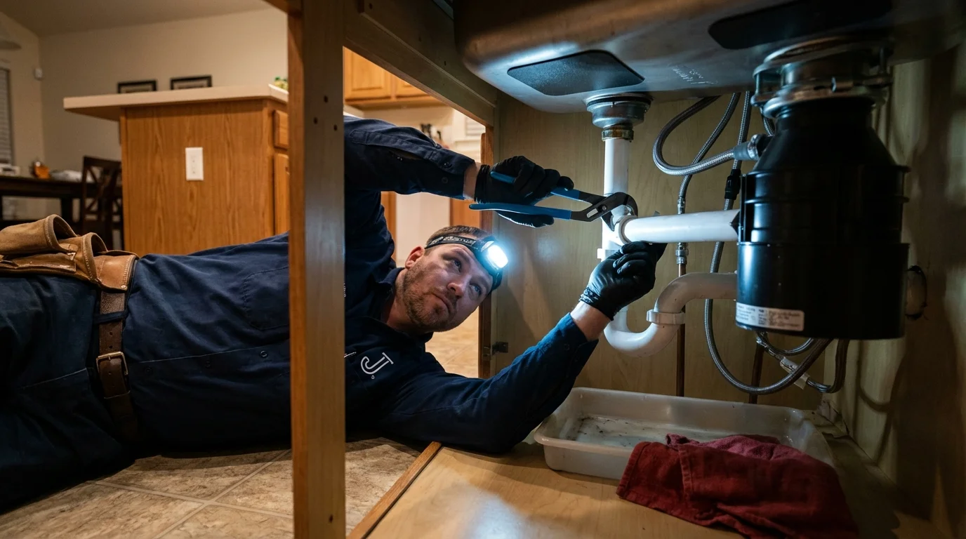 P-trap and supply line connections under a kitchen sink showing a common leak point in Glenshaw, PA